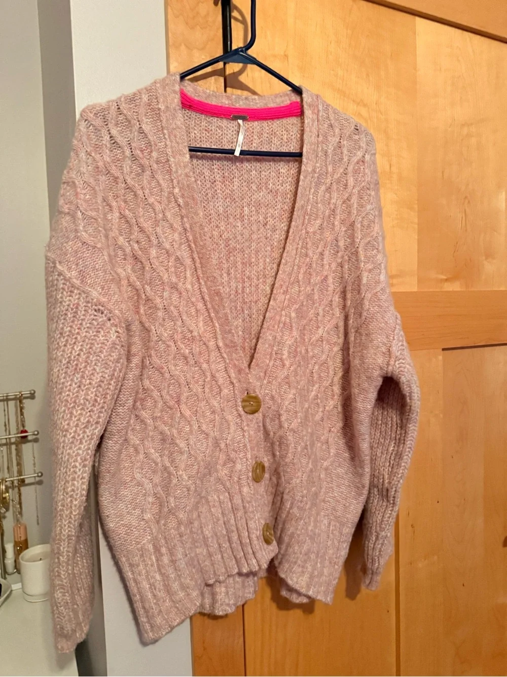 Free People Blush Pink Cable Knit Button Cardigan-oversized